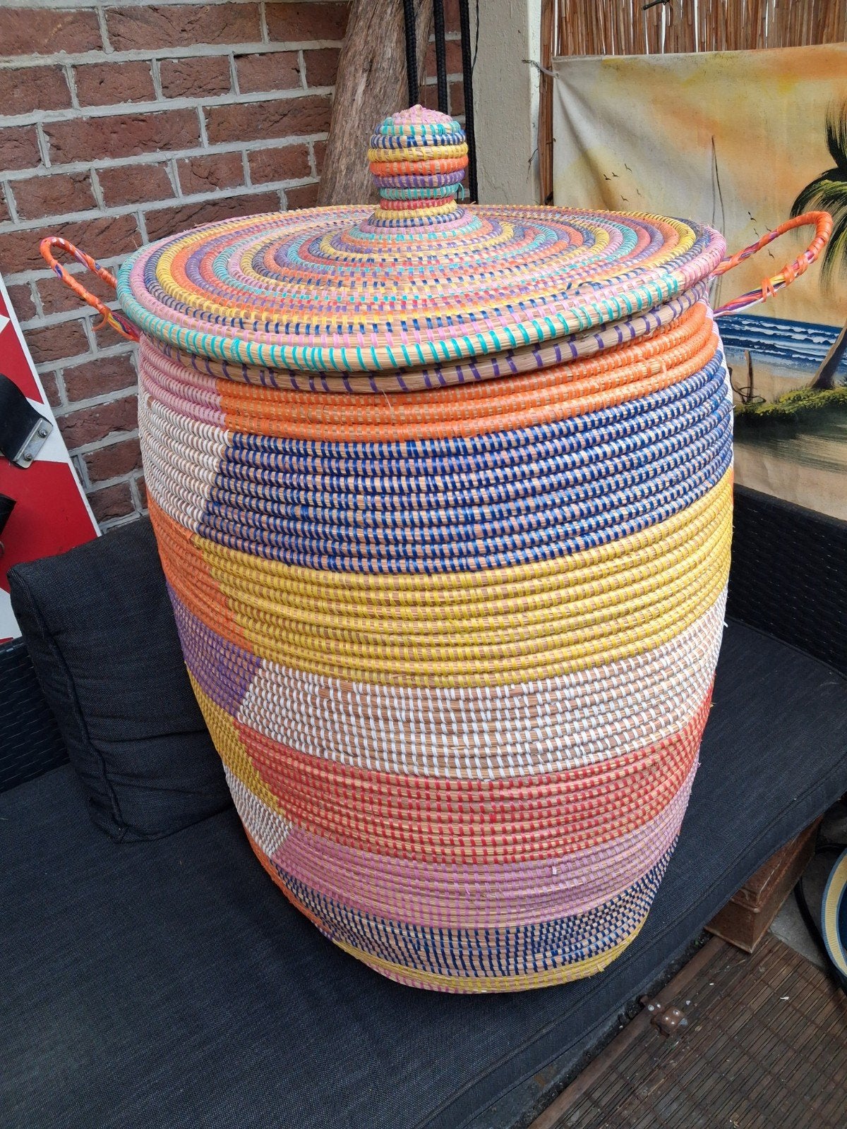 handgeweven Afrikaanse wasmand / mandje met deksel, Ophalen of Verzenden, Rond, Riet