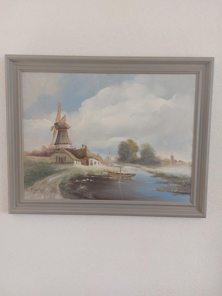 Schilderij met lijst - Frits Meijer - Hollandse molen, Antiek en Kunst, Kunst | Schilderijen | Klassiek, Ophalen