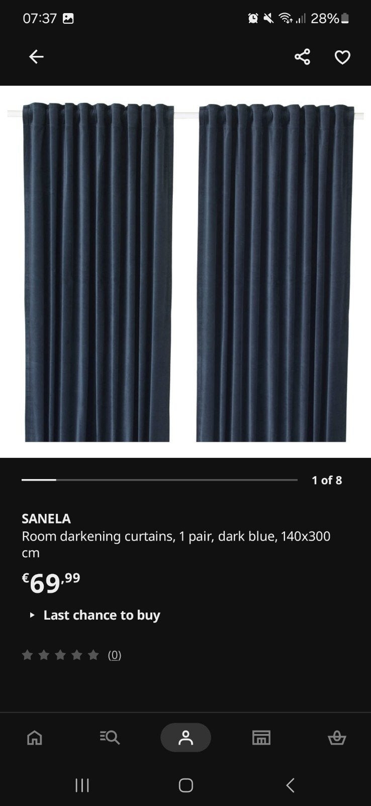 IKEA SANELA Verduisterende Gordijnen, Donkerblauw, 140x300cm, Huis en Inrichting, Stoffering | Gordijnen en Lamellen, 100 tot 150 cm