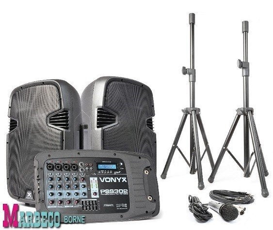 Mobiele Geluidset, Power mixer,Speakers 10" SD,USB,MP3,Stand, Stereo speakers, Vonyx, Nieuw, Info@marbeco.nl