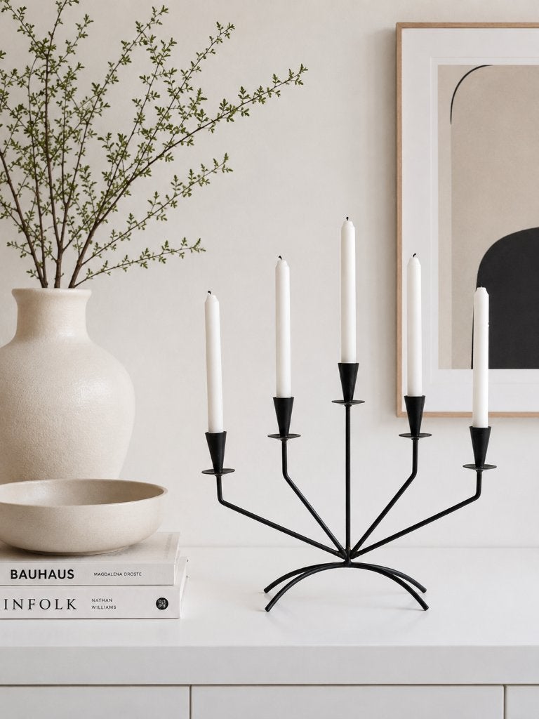 Zwart metalen 5-armig kandelaar Scandinavisch minimalistisch, Huis en Inrichting, Gebruikt, Ophalen of Verzenden, 33 cm, Metaal