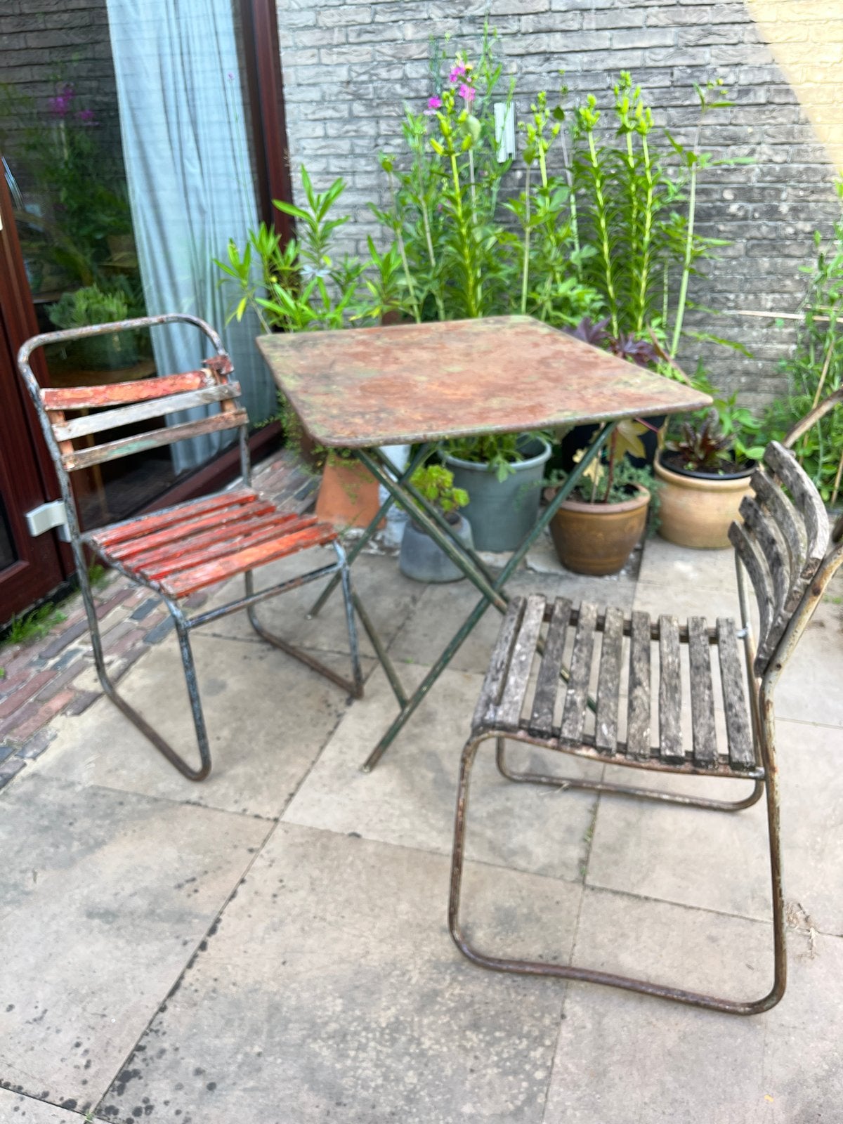 Vintage Frans tuinsetje - inklapbare tafel en 2 stoelen, Overige materialen, Gebruikt, Eettafel, Tuinset