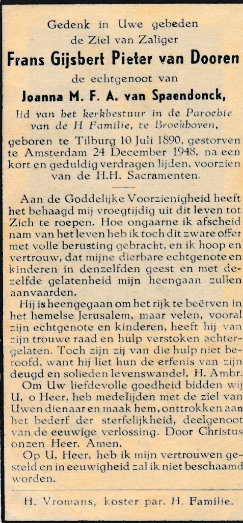 Dooren Frans 1890 Tilburg 1948 Amsterdam, Ophalen of Verzenden, Bidprentje