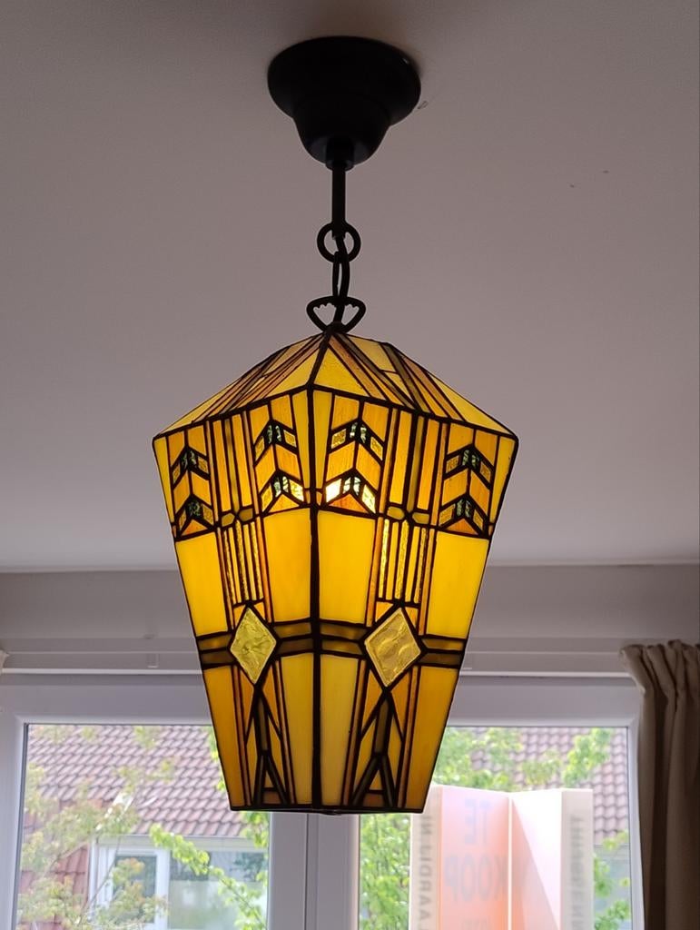 Tiffany Stijl Hanglamp - Geel Glas in Lood Design, Huis en Inrichting, Lampen | Hanglampen, 50 tot 75 cm, Ophalen of Verzenden