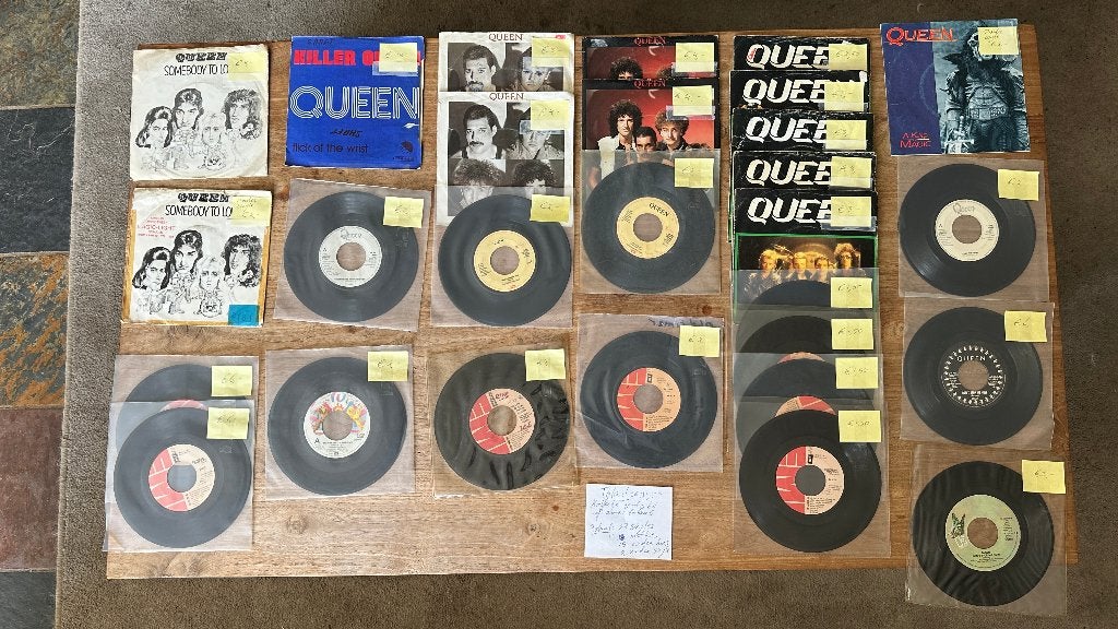 UITZOEKEN: Queen singles deels picture sleeves 7” vinyl 45 T, Ophalen, Gebruikt, 7 inch, Pop