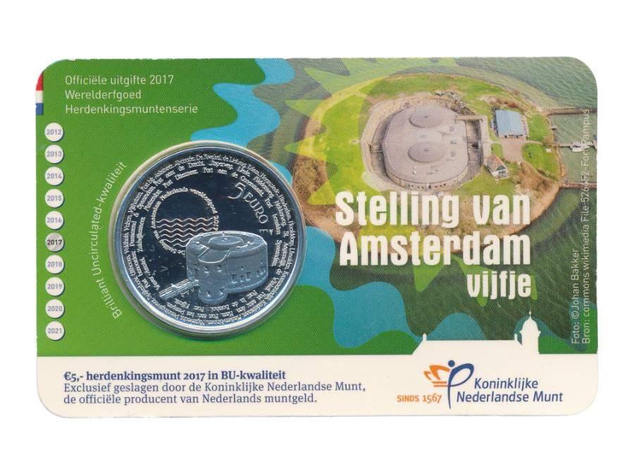 Nederland 5 Euro 2017 Stelling van Amsterdam BU in coincard, Ophalen of Verzenden, Koningin Beatrix, Euro's, Losse munt