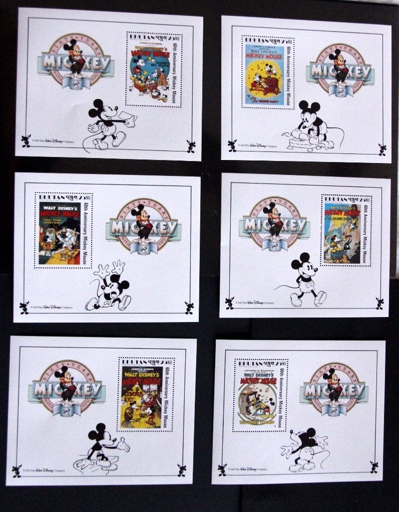 6x Bhutan 60 jaar Mickey Walt Disney Mickey Donald MNH, Verzenden, Postfris, Oost-Azië