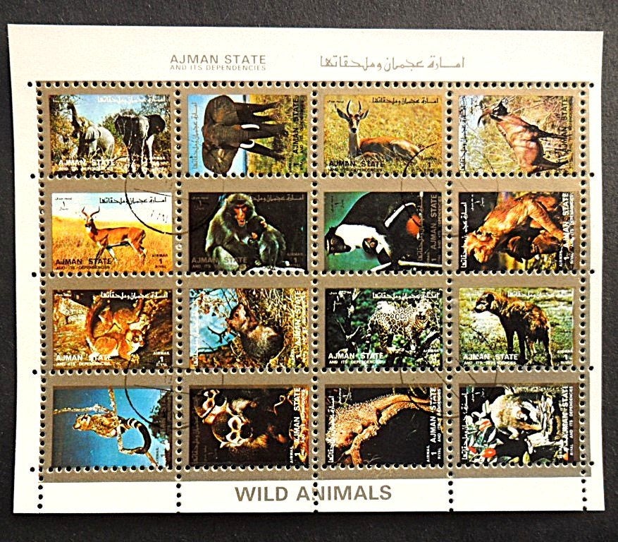 Ajman - wilde dieren - 2 blokjes = 32 zegels miniformaat, Postzegels en Munten, Ophalen of Verzenden, Gestempeld, Dier of Natuur