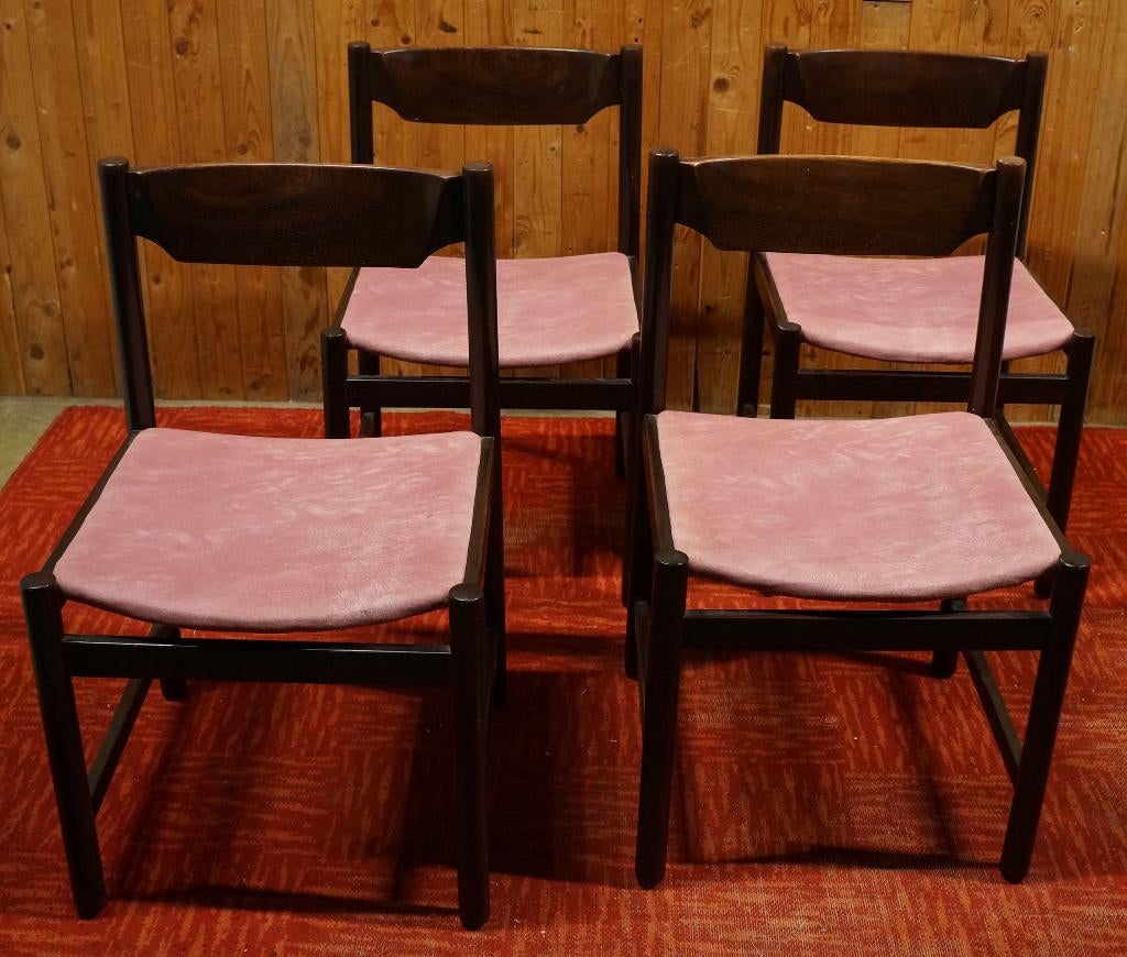 4 wengé design eetkamerstoelen – mid-century jaren 60, Huis en Inrichting, Stoelen, Gebruikt, Bruin, Vier, Stof