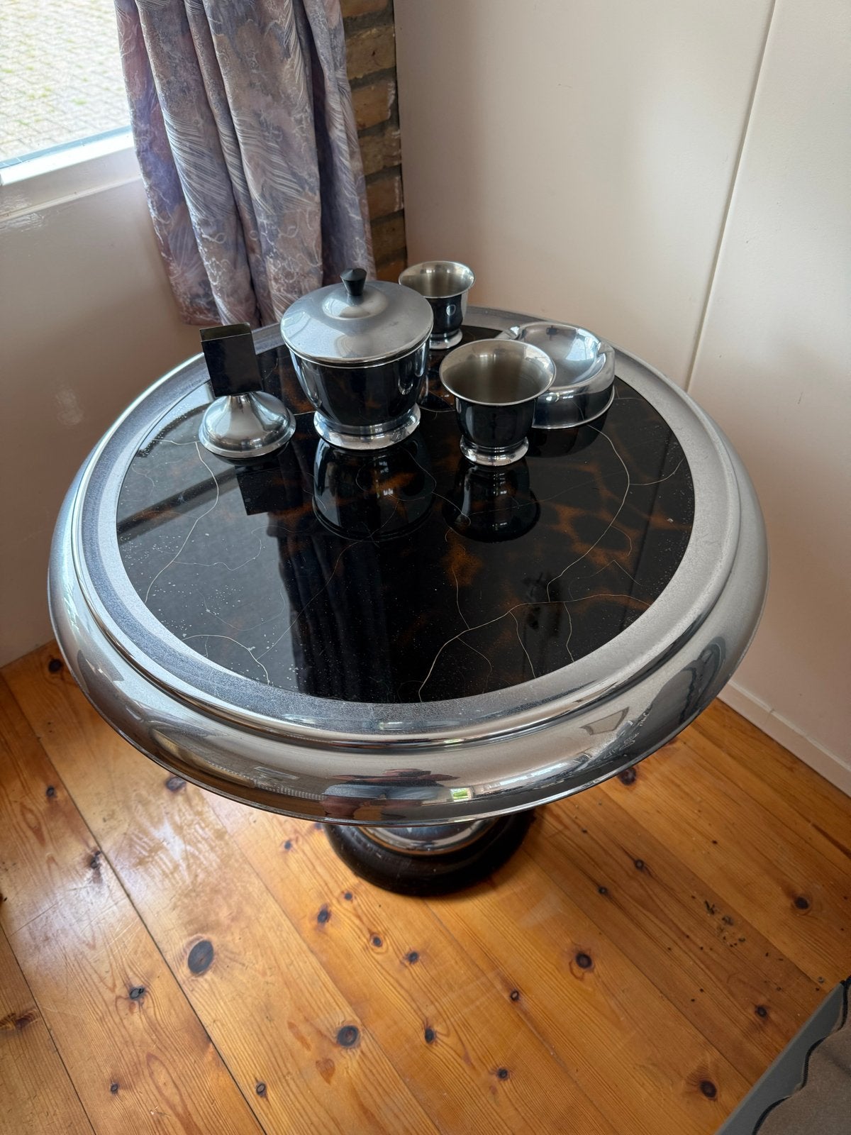 Vintage rooktafel Chroom en natuursteen glas, Antiek en Kunst, Ophalen