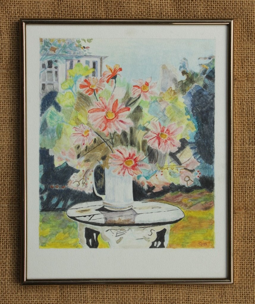 Schilderij aquarel, pul met bloemen  op tuintafel  34, Antiek en Kunst, Aquarel, Papier/karton, Bloemen, Gesigneerd