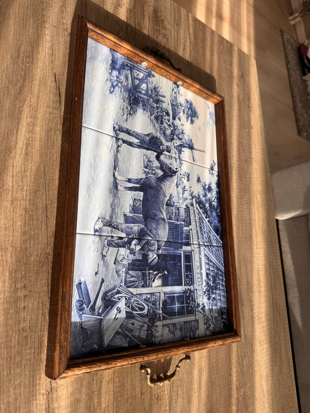 Antiek Delfts Blauw Tegeldienblad met Houten Frame, Antiek en Kunst, Ophalen of Verzenden