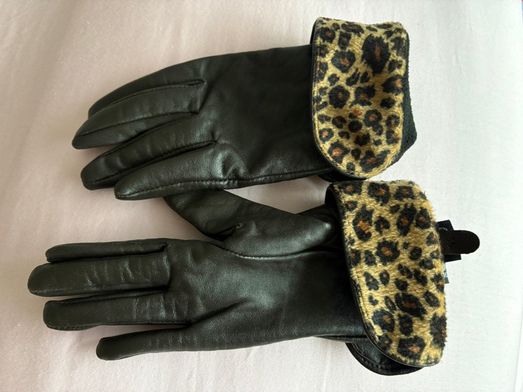 V&D zwarte leren handschoenen met print maat 7, Maat 38/40 (M), V&D, Ophalen of Verzenden, Zo goed als nieuw