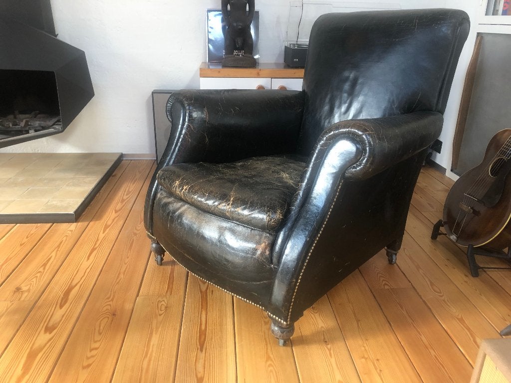 Antiek leer stoel fauteuil Chesterfield Vervoordt, Ophalen, Gebruikt, 75 tot 100 cm, Leer
