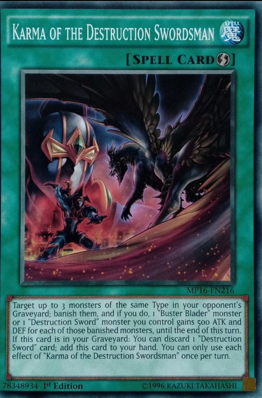 Yu-Gi-Oh! Karma of the Destruction Swordsman MP16 1st !, Ophalen of Verzenden, Zo goed als nieuw, Losse kaart