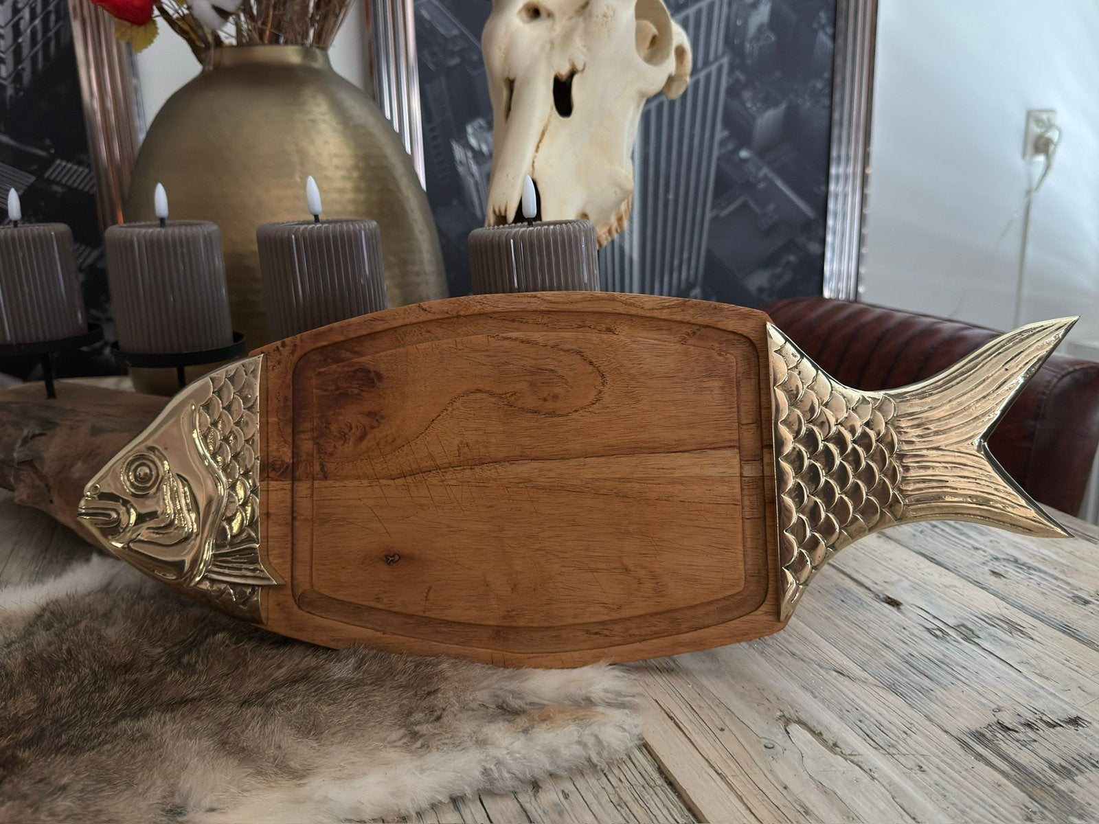 Een Rosenthal Netter olijvenhouten serveerplank met messing, Ophalen, Gebruikt, Decoratieve rand, Ovaal