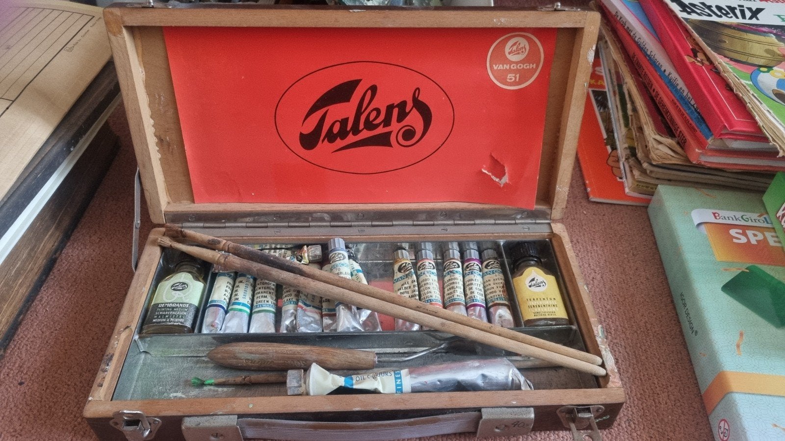 Vintage Talens Van Gogh olieverfset in houten kist, Hobby en Vrije tijd, Ophalen of Verzenden, Gebruikt, Olieverf