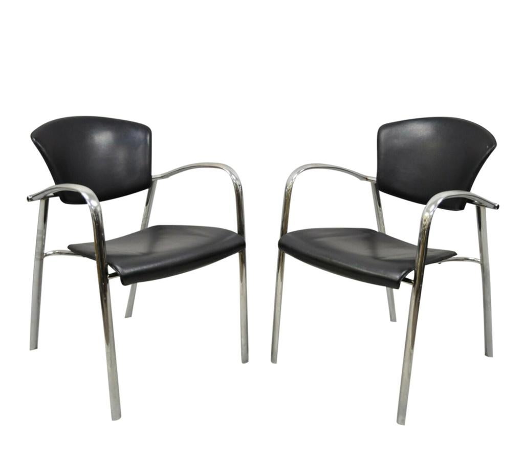 Set van 4 stoelen Italiaans design chroom zwart leer, Huis en Inrichting, Stoelen, Ophalen, Gebruikt, Zwart, Leer