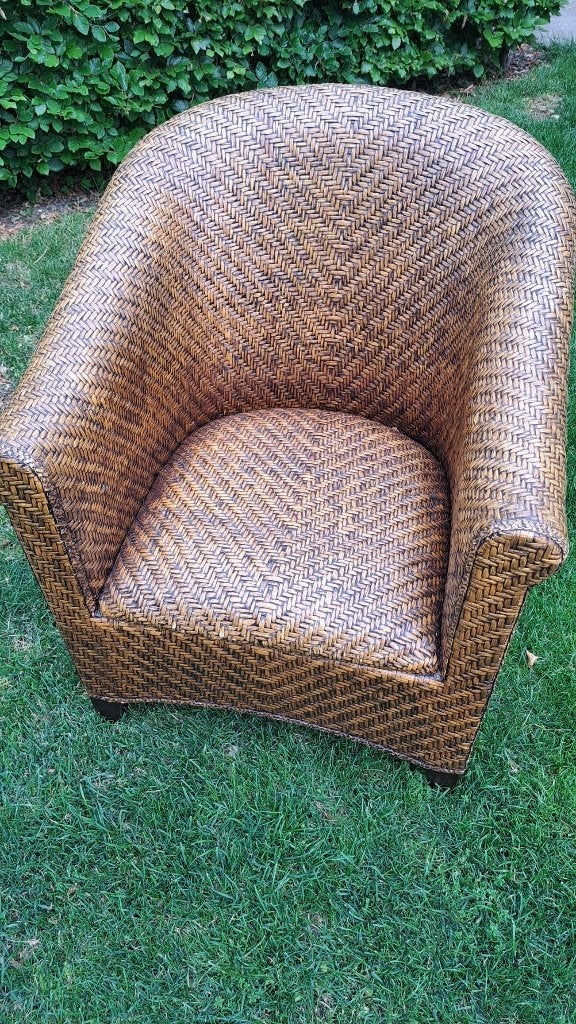 Mooie rieten stoel / fauteuil Vishnu met bamboe schil, Ophalen, Gebruikt, Bruin, Eén