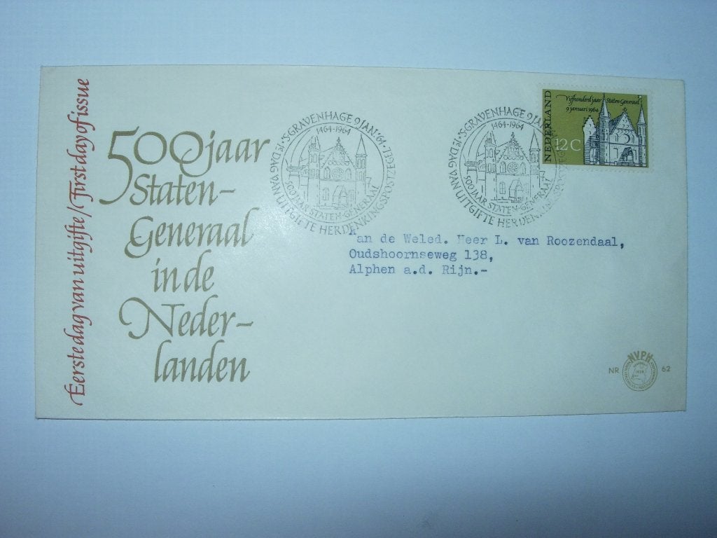 NL Nederland FDC E 62 500 jaar Staten Generaal 1964 Bieden, Postzegels en Munten, Verzenden, Beschreven, Nederland