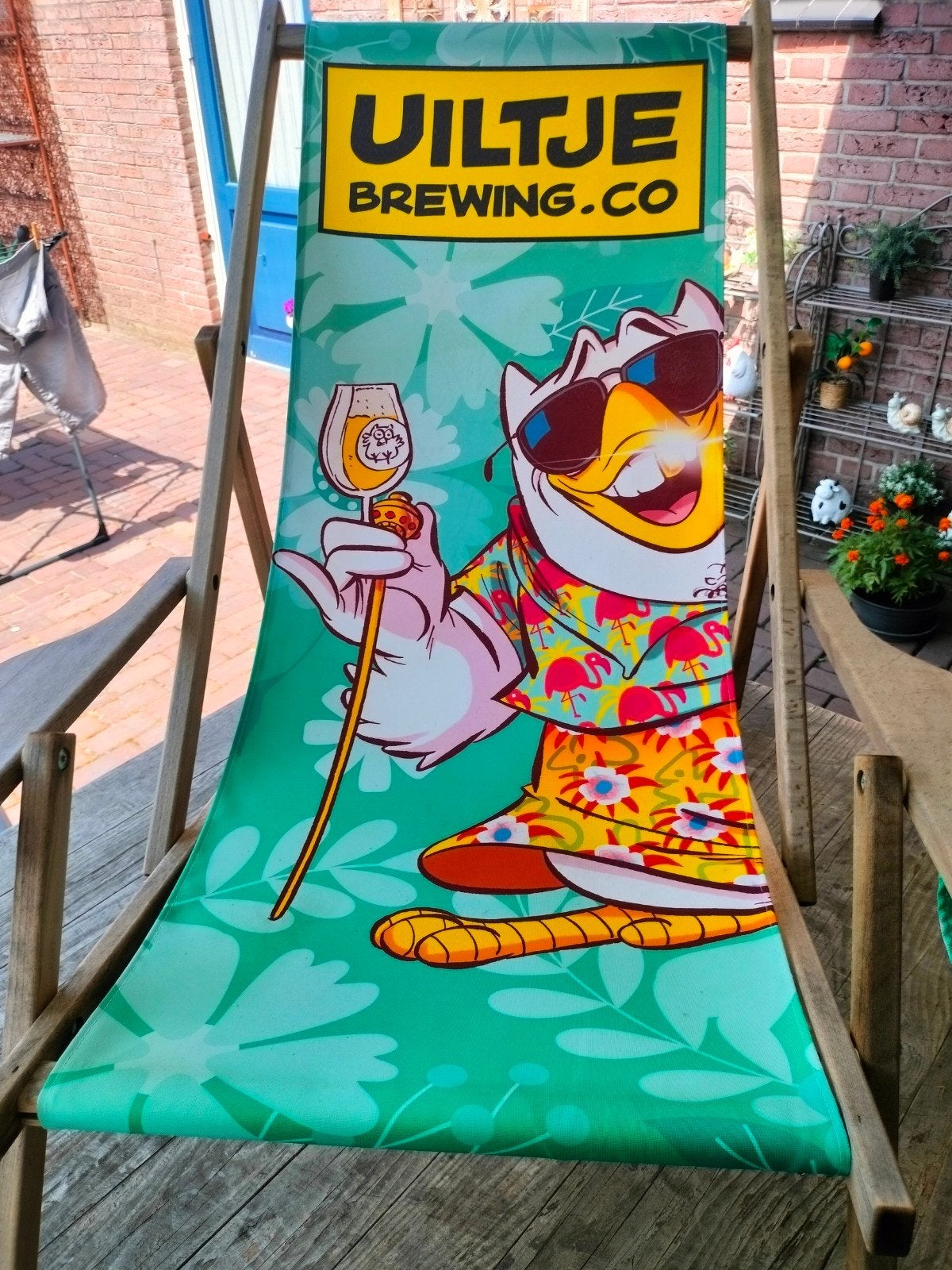 Uiltje Brewing strandstoel met bekerhouder, Ophalen, Gebruikt, Hout, Inklapbaar