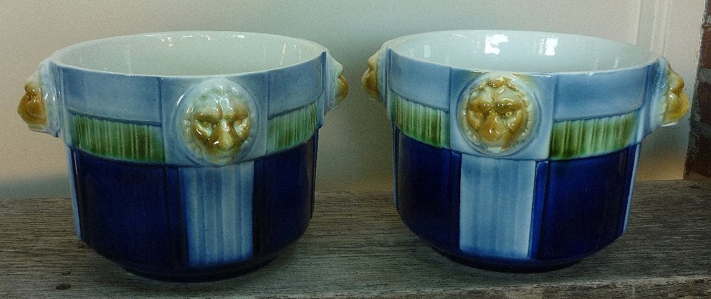 2x Antieke Majolica Leeuwenkop Bloempot - Zie Omschr, Ophalen of Verzenden