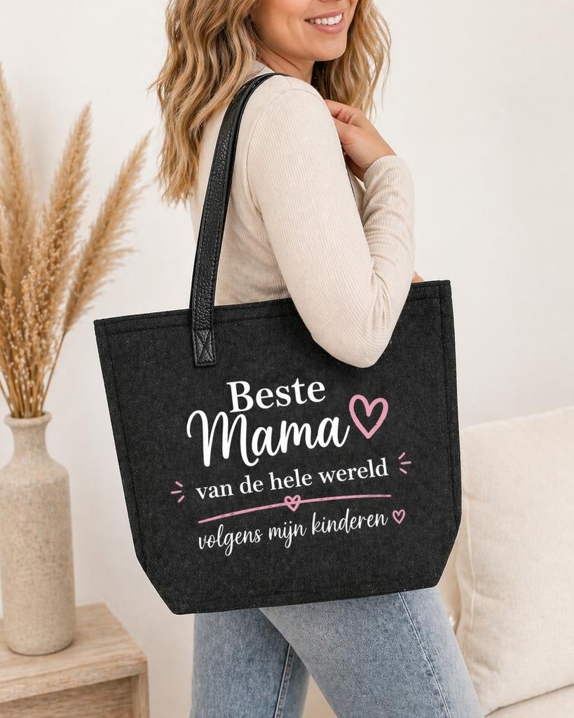 Vilten tas met leren hengsel - Beste Mama, Ophalen of Verzenden, Nieuw, Zwart, Overige merken