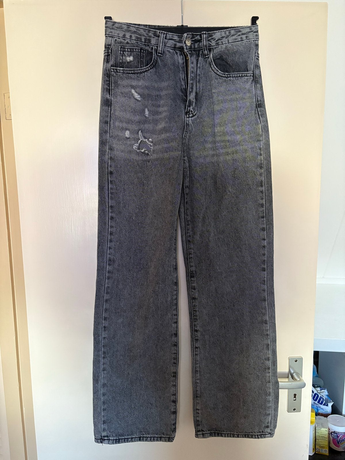 Shein Grijze Wide Leg Jeans met Scheuren - Maat XS, Ophalen of Verzenden, Gedragen, Grijs, W27 (confectie 34) of kleiner