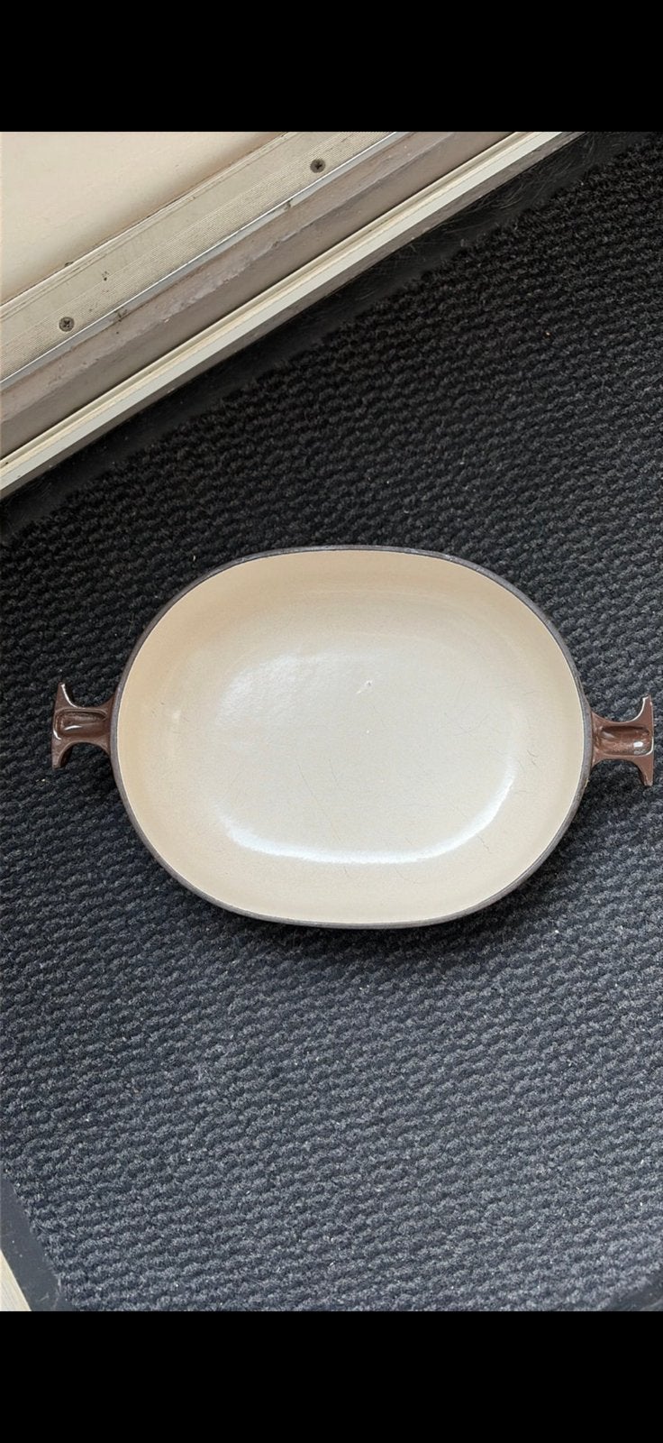 vintage bruine ovale ovenschaal van Le Creuset, Ophalen of Verzenden, Gebruikt, Gietijzer