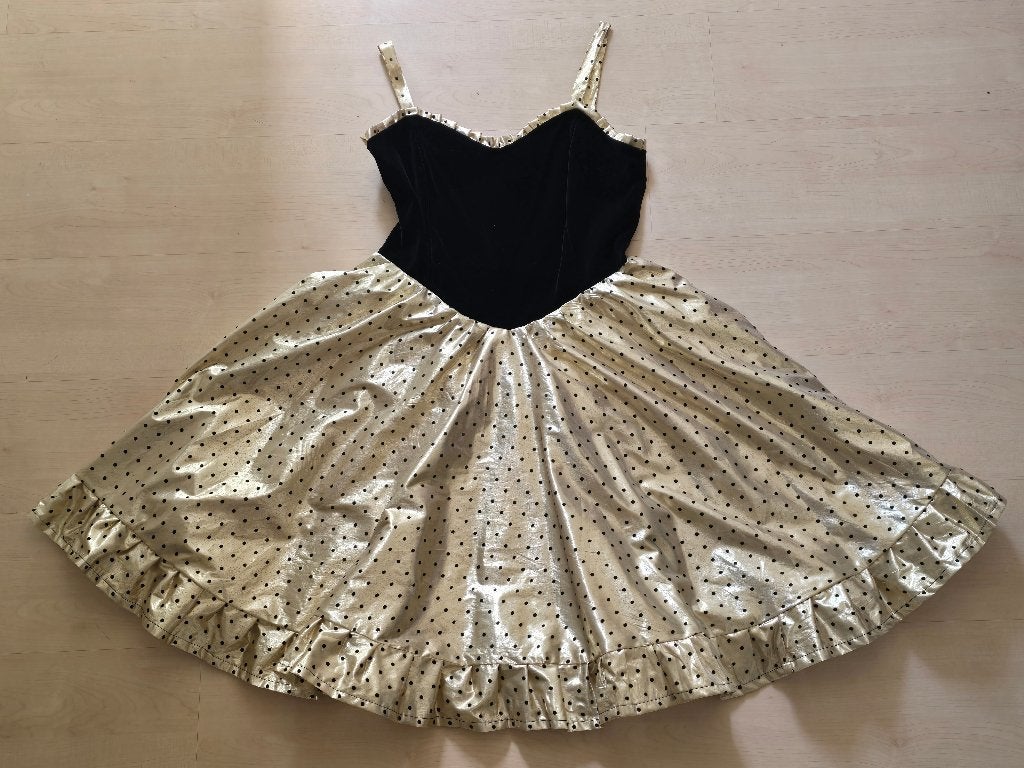 Vintage zwart fluwelen en gouden stippen jurk, Maat 38/40 (M), Zwart, Ophalen of Verzenden, Zo goed als nieuw