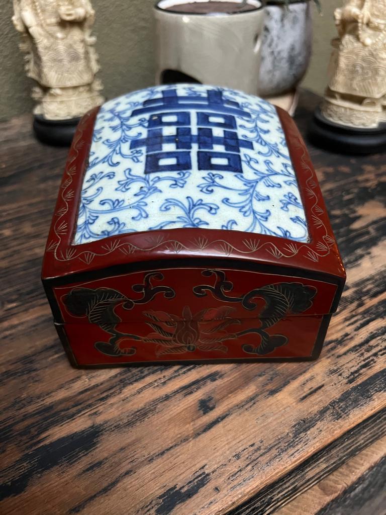 Chinese lakscherfdoos porselein deksel blauw wit chinees, Verburgt Vintage, Gebruikt, Meerkleurig, Overige materialen
