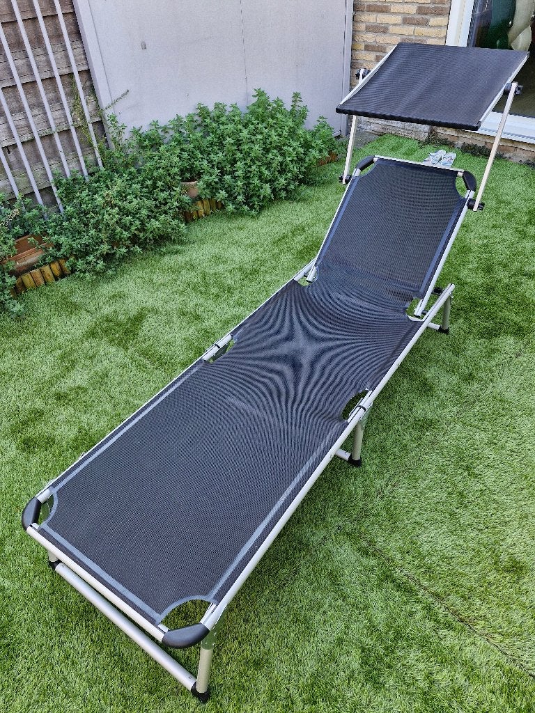 Aluminium Ligbed met Zonnedak - Opvouwbaar & Verstelbaar, Tuin en Terras, Ophalen, Gebruikt, Aluminium, Inklapbaar