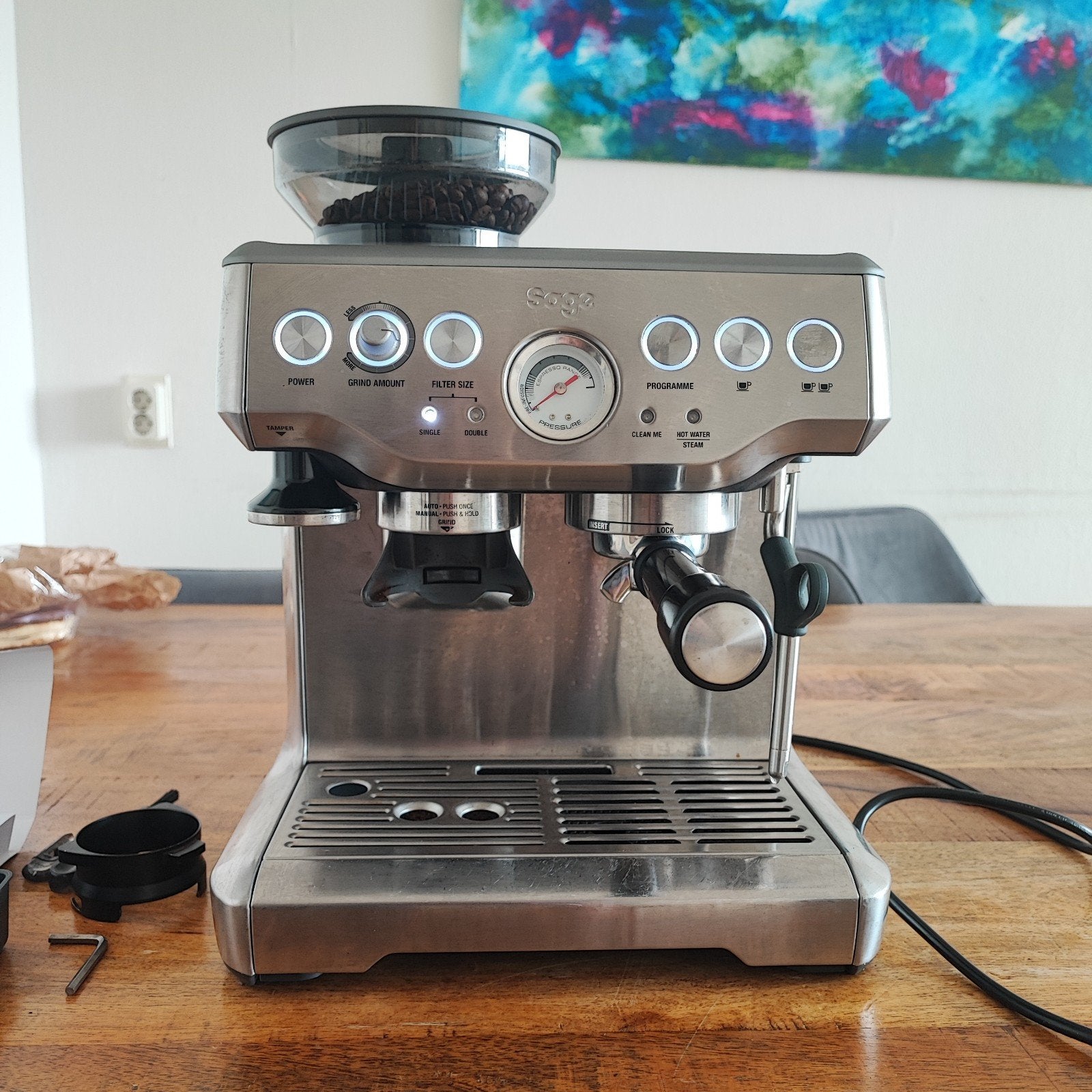 Sage Barista Express Espressomachine, Witgoed en Apparatuur, Stoompijpje, Gebruikt, Espresso apparaat, 10 kopjes of meer