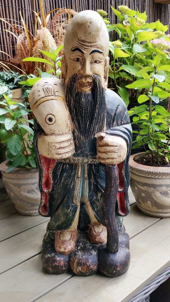 Antiek massief houten Shou Lao Chinese god van lang leven, Antiek en Kunst, Ophalen of Verzenden