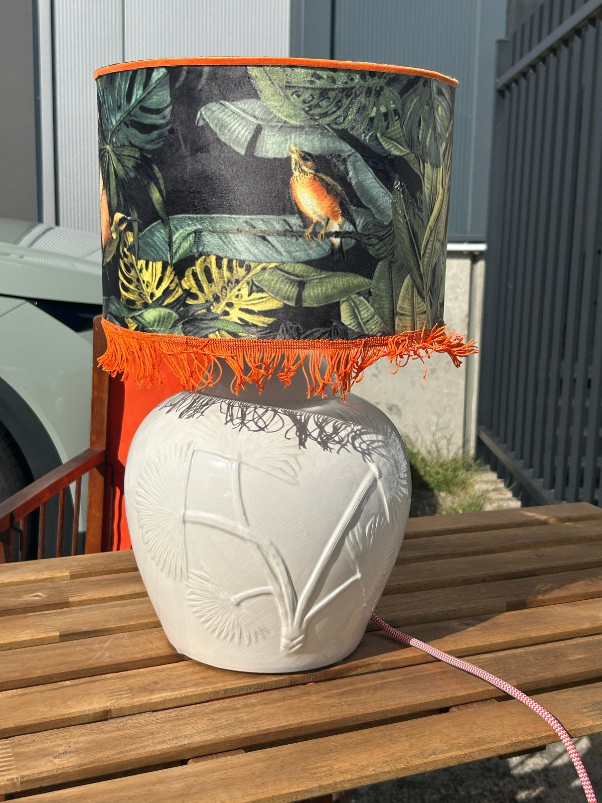 Unieke Italiaanse tafellamp met jungle print kap, Huis en Inrichting, Overige merken, Vintage, Meerkleurig, Keramiek