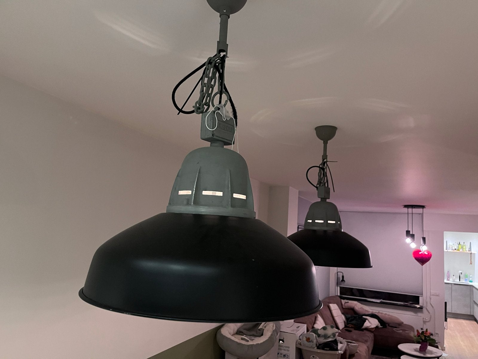Set van 2 industriële hanglampen, zwart metaal, Ophalen, Zo goed als nieuw, Metaal, E27 (groot)