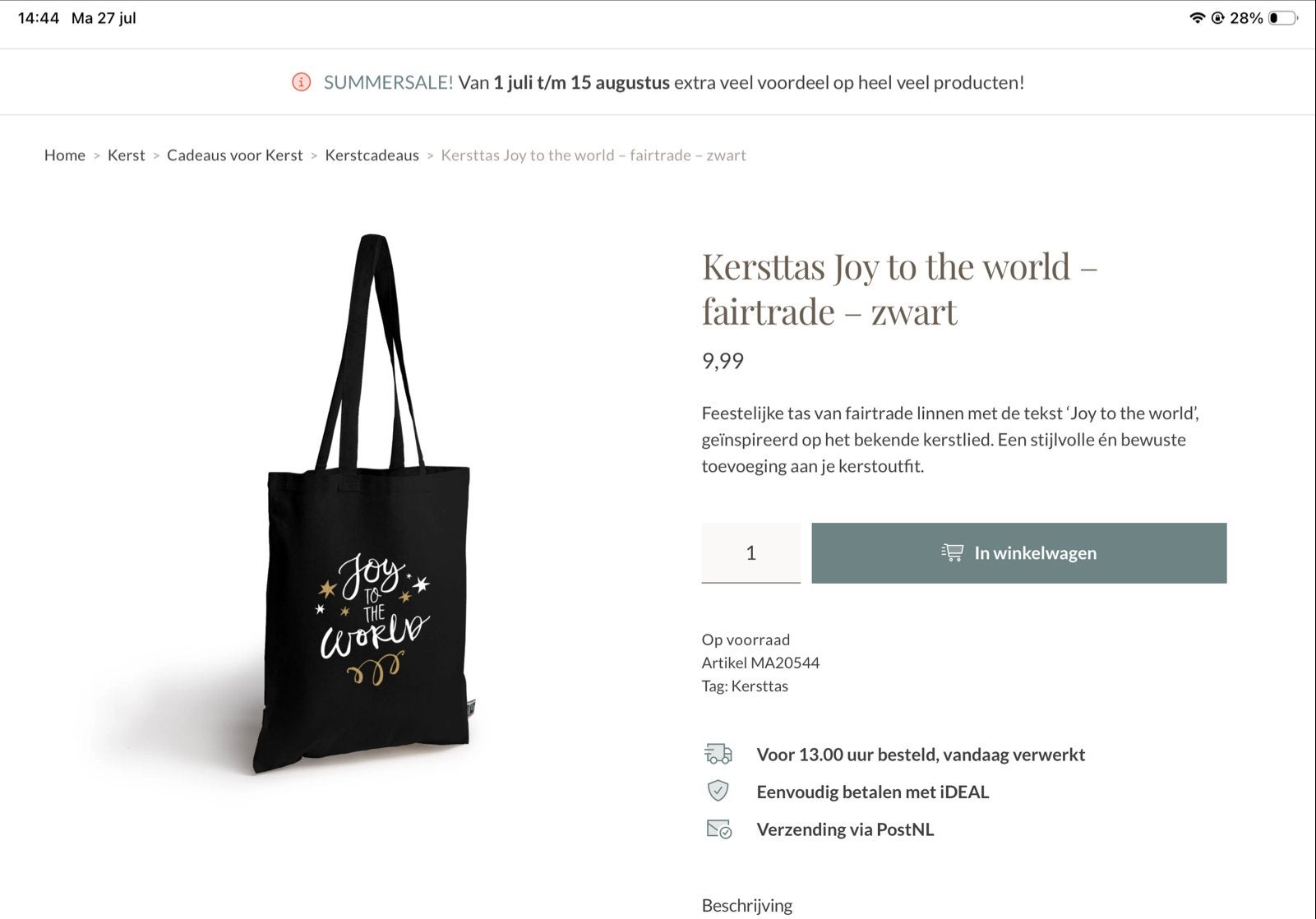 Kersttas Joy to the World - fairtrade - zwart, Ophalen, Nieuw, Zwart, Shopper
