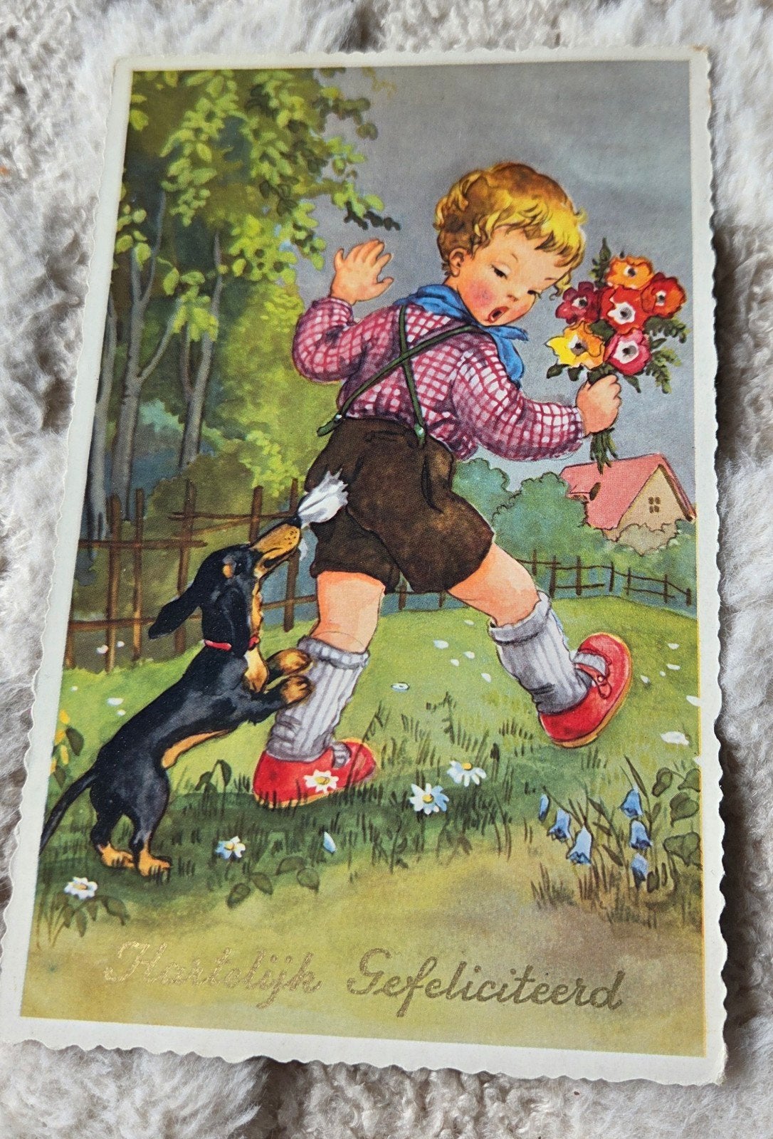 Jongen met hond en bloemen, 1950, Verzenden, 1940 tot 1960, Gelopen, Kinderen
