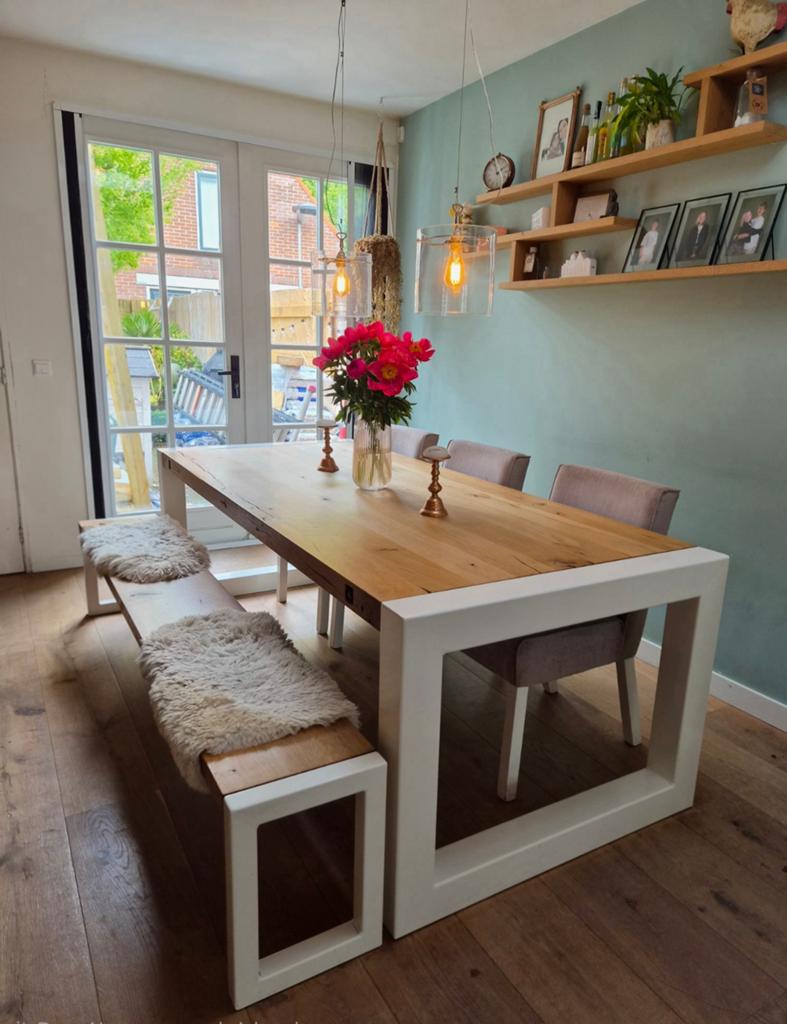 Massief eiken eetkamertafel inclusief bank, Huis en Inrichting, Tafels | Eettafels, Ophalen, Rechthoekig, 200 cm of meer, 50 tot 100 cm