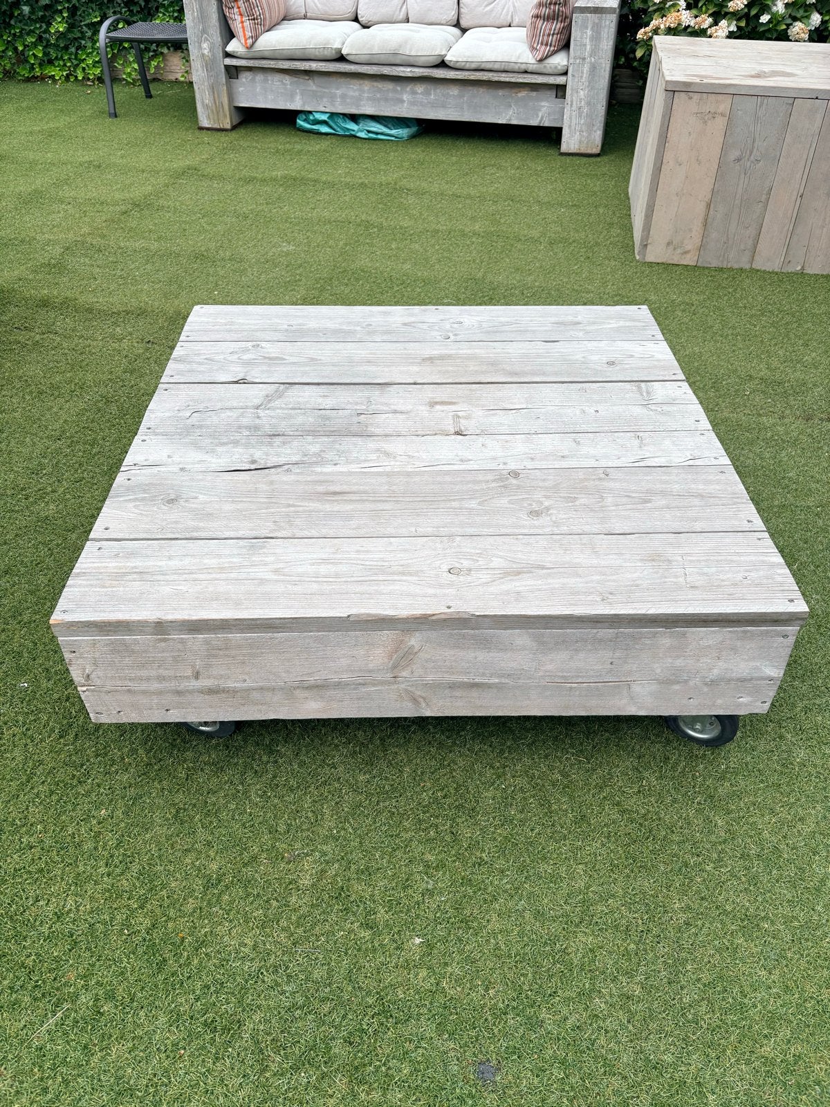 Steigerhouten salontafel en bijzetblok, Ophalen, Gebruikt, Steigerhout