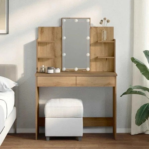 Nieuw in plastic: houten Kaptafel + verlichting 96x40x142 cm, Huis en Inrichting, Ophalen, 100 tot 150 cm, Nieuw, 50 tot 100 cm