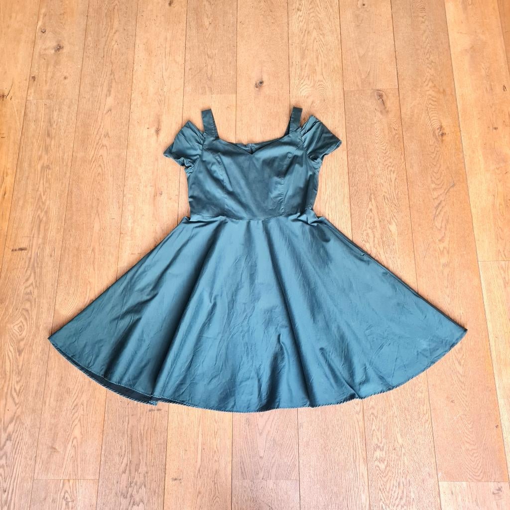 Donkergroene katoenen Hell Bunny jurk in retro pin-upstijl, Kleding | Dames, Maat 42/44 (L), Ophalen of Verzenden, Gedragen, Groen