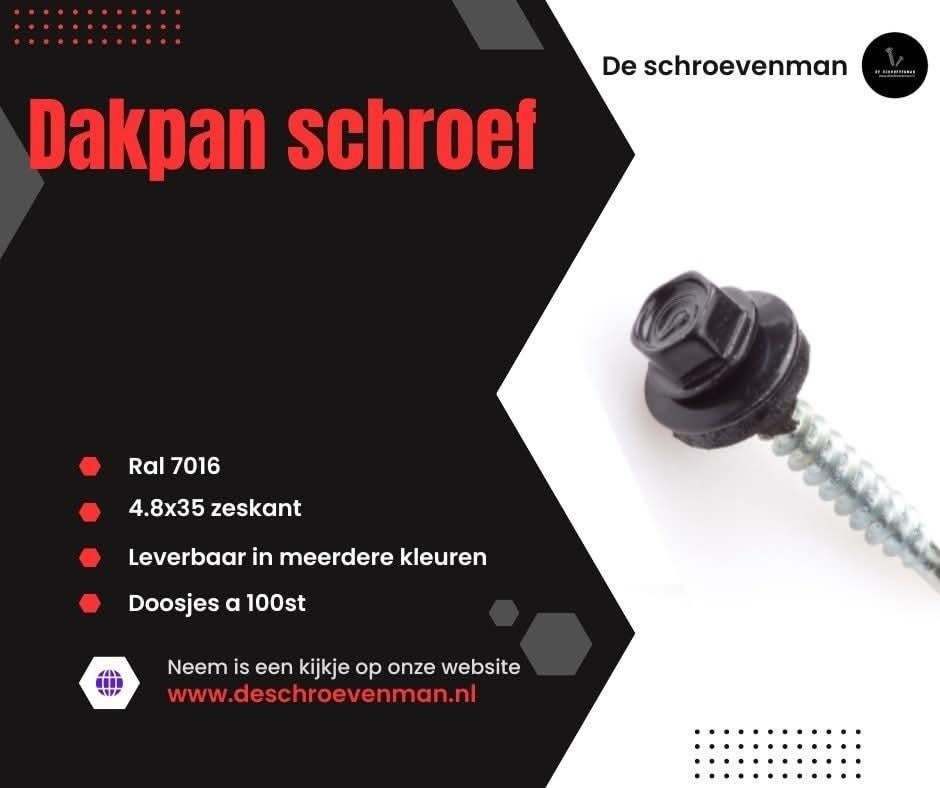 Nieuwe dakpan schroeven 4.8x35 zeskant RAL 9011, Doe-het-zelf en Verbouw, Ophalen of Verzenden, Nieuw, Minder dan 50 mm, Schroeven