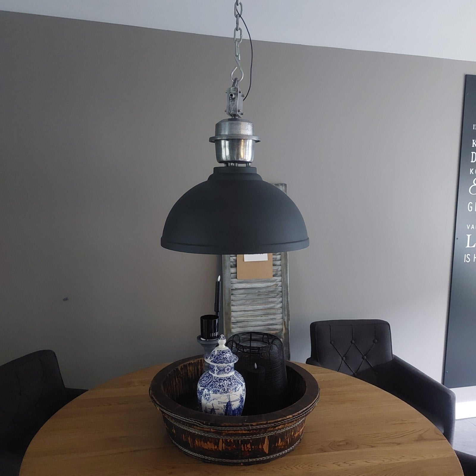 Industriële hanglamp - Antraciet met zilveren binnenkant, Ophalen, Gebruikt, E27 (groot), Metaal