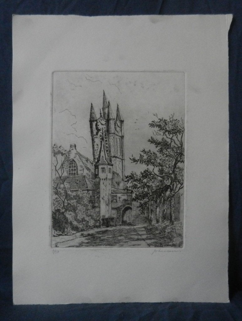 Ets Delft Prinsenhof en Scheve Jan Joop v. Leeuwen 19,5x14,8, Stadsgezicht, Ophalen of Verzenden, Met monogram, 20 cm