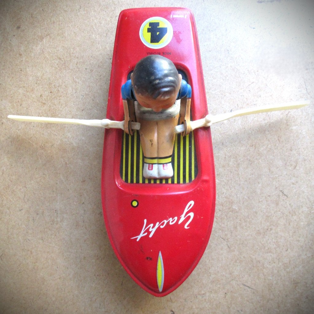 Blik Speelgoed Roeiboot~+ sleutel~Roeier~Blikken boot, Antiek en Kunst, Ophalen of Verzenden
