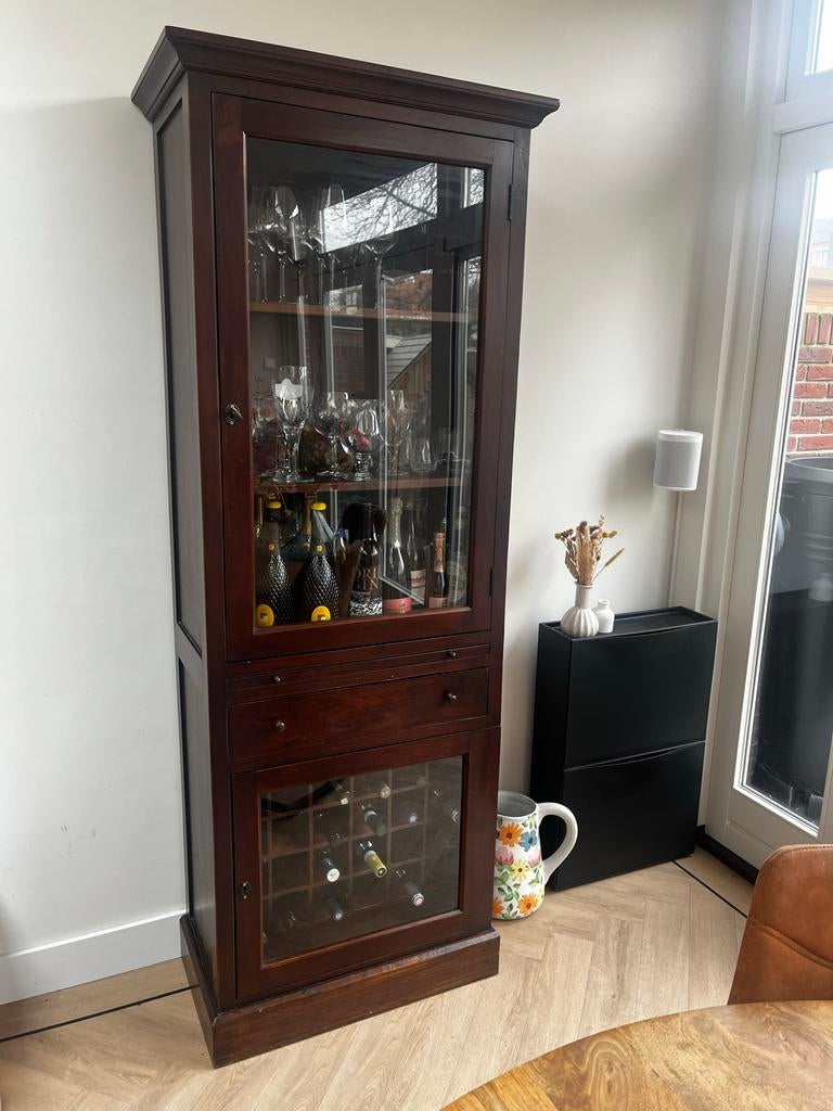 Teak Houten Vitrinekast/Wijnkast - Troubadour, Huis en Inrichting, Kasten | Vitrinekasten, Ophalen, Gebruikt, Teakhout, 50 tot 100 cm