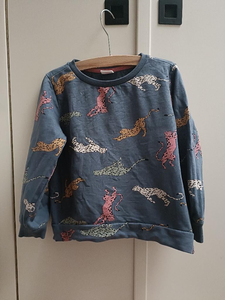 Leuke blauwe trui met cheetahs Hema 110 - 116, Gebruikt, Jongen of Meisje, Trui of Vest, Ophalen of Verzenden