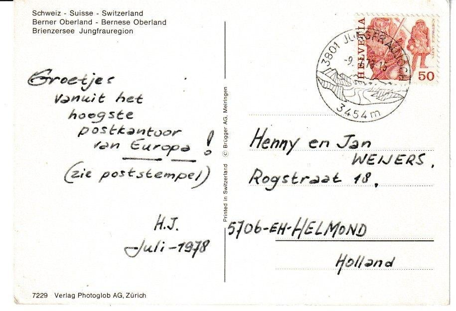 Zwitserland 1977.Hoogste postkantoor Europa. Unieke Postcode, Ophalen of Verzenden, Gestempeld
