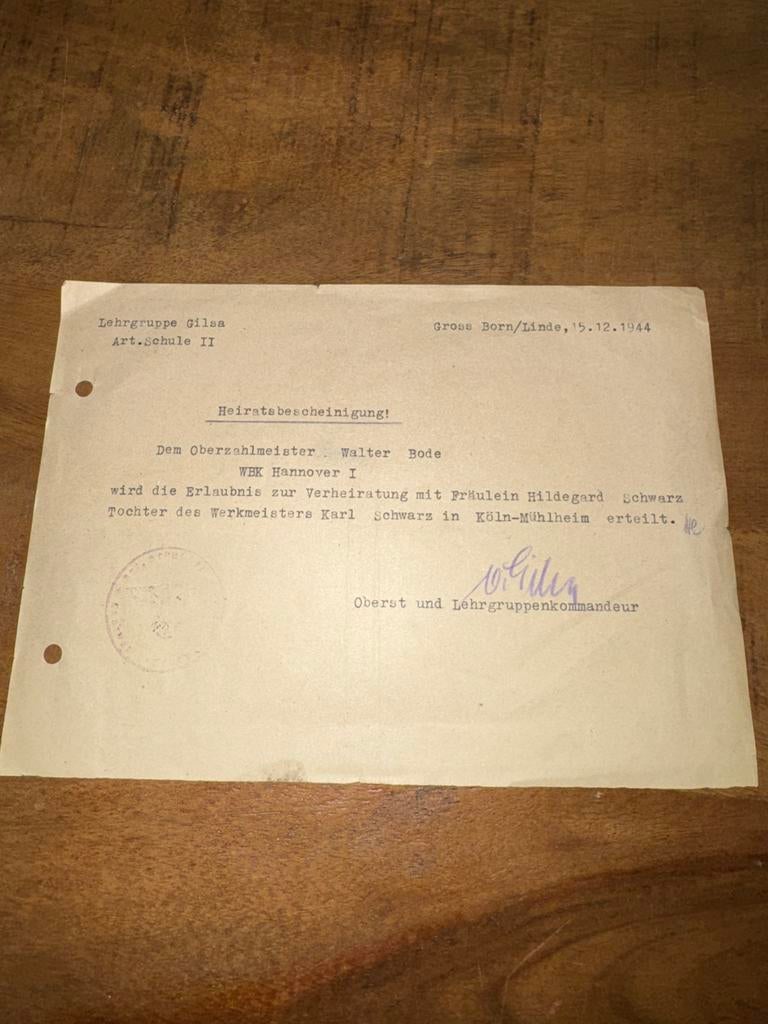 Zeldzaam WK2 Wehrmacht Huwelijksakte 1944, Ophalen of Verzenden, Duitsland